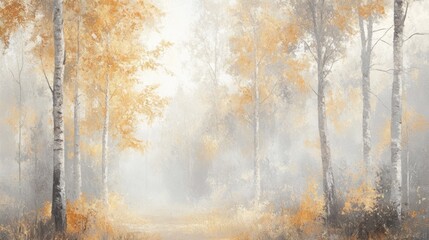 Misty Autumn Morning: Golden Leaves and Tall Trees in a Dreamy Landscape