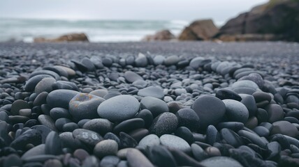 Fototapeta premium A circle of stones on the beach near the ocean. The stones are gray and smooth. The scene is calm and peaceful