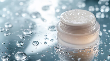 Minimalistic cream jar with water droplets on reflective surface for modern beauty design concepts