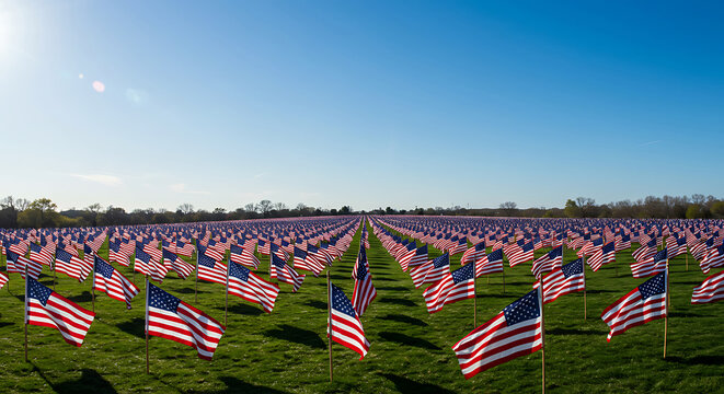 American flags flying in rows in a field, a memorial display for patriotic themes and holiday content