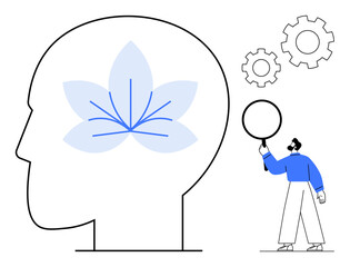 Human head outline with flower symbol inside, man holding a thought bubble, gears in the background. Ideal for mindfulness, creativity, mental health, innovation, self-improvement, psychology simple