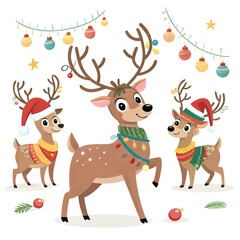 Naklejka premium Cute Reindeer Christmas Family Festive Holiday Illustration Winter Animals