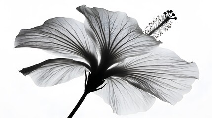 A grayscale close-up of a hibiscus flower, its delicate veins and petals revealed with striking detail against a pure white background. The image evokes a sense of elegance and natural beauty.