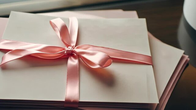Elegant pink ribbon envelopes piled on wooden table  romantic gift or invitation theme