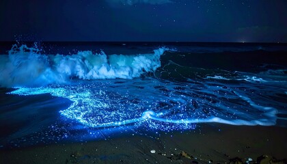 Rare bioluminescent plankton glowing under crashing night waves