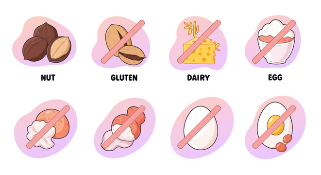 Allergen food restriction icons set representing dietary restrictions and food allergies for health conscious consumers and food industry professionals