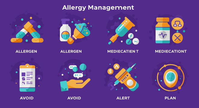 Allergy management infographic with allergen avoidance medication and treatment plan for health awareness and wellness campaign