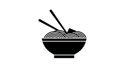 Black and white vector illustration of a bowl of noodles with chopsticks for asian cuisine concepts and restaurant menus