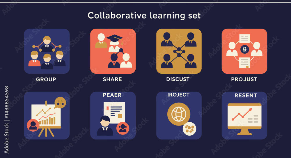 Poster collaborative learning set icons representing group share discuss project peer review and present fo