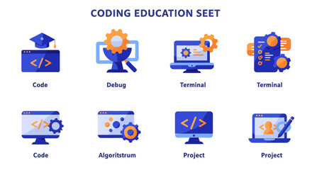 Fototapeta na wymiar Coding education and software development process with coding, debugging, terminal, algorithm, and project icons for educational resources
