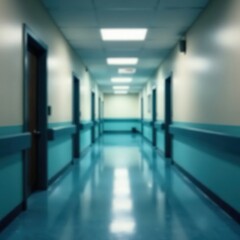 Blurred corridor background with hospital doors open, medical facility, medical supplies, hallway