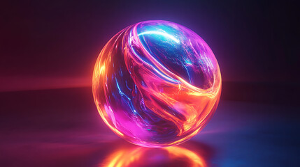 A hyperrealistic 3D render of an AI glass orb, technologic, fluid, beautiful, dynamic looking, neon lights, colors: orange, red, purple, blue and pink. 