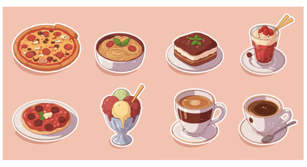 Delicious Italian food stickers featuring pizza, spaghetti, tiramisu, gelato, and coffee, perfect for culinary designs and food-related projects