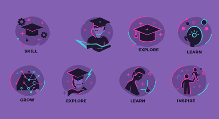 Education and skill development icons showcasing learning, growth and inspiration concept for online courses and educational platforms