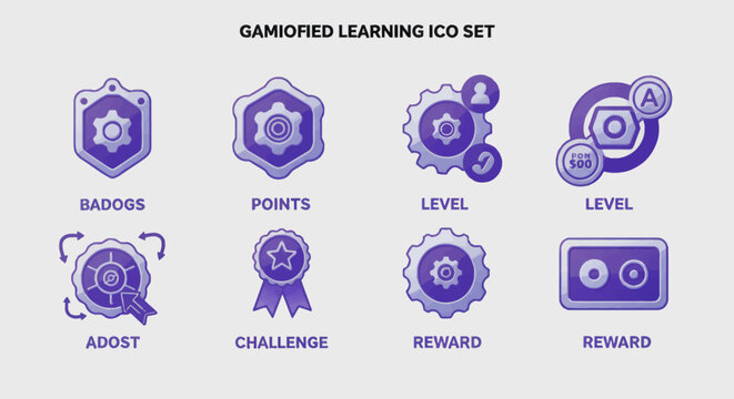 Gamified learning icon set presenting badges, points, levels, challenge, reward and adost for digital education and online courses