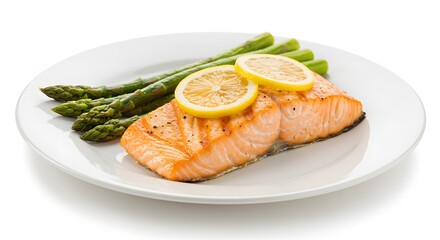 A plate with grilled salmon fillet garnished with lemon slices and asparagus on a white background