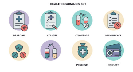 Health insurance concepts set of medical care plans and healthcare coverage options for diverse needs and benefits