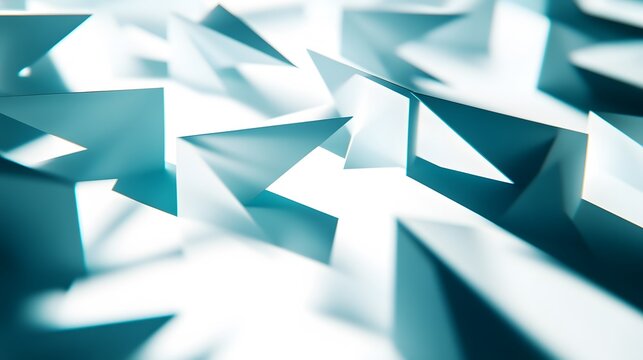 Abstract background of teal and white geometric shapes. Interlocking triangles create a dynamic, modern design. Perfect for technology, architecture, or design concepts.