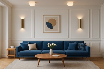 Elegant Living Room with Deep Blue Sofa, Minimalist Art, and Soft Neutral Tones