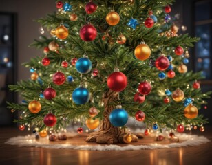 Vibrant baubles adorn a Christmas tree, encircled by a magical glow of blurred lights ,  joyful,  soft