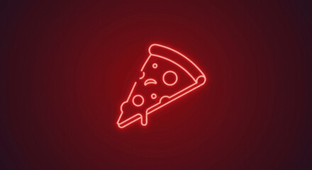 Neon pizza slice icon on a dark red background offering a modern and fun visual for food related designs and promotions