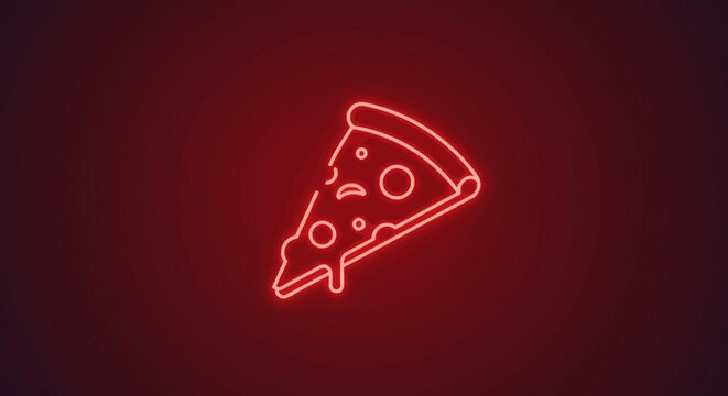 Neon pizza slice icon on a dark red background offering a modern and fun visual for food related designs and promotions