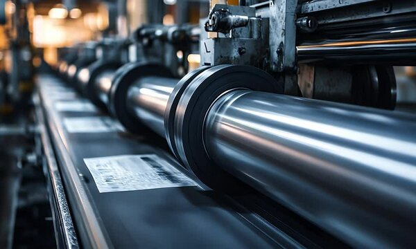 Printing Machine with Rollers and Conveyor Belt Conveying Industrial Automation in Factory Setting Metallic Components