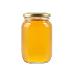 A clear glass jar filled with golden-amber colored honey stands isolated against a plain white background.