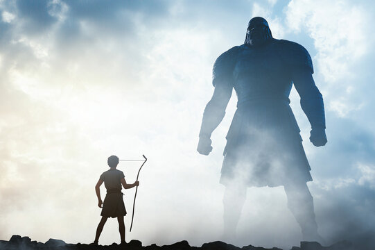 young David facing imposing Goliath from behind, slingshot in hand against misty battlefield backdrop