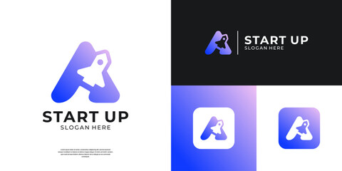 Letter A arrow logo template. Abstract rocket launch icon for business, start up and technology.