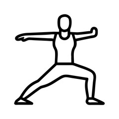 Minimalist black and white line icon of a person practicing warrior pose in yoga, vector illustration symbolizing strength, balance, mindfulness, and healthy lifestyle