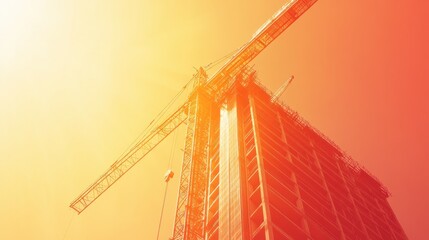 Construction crane towering over a high-rise building under a bright, sunlit sky