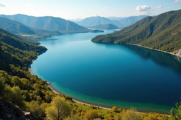 Obraz premium Distinctive shoreline, irregular lake shape etched in landscape, pattern, geography, lake