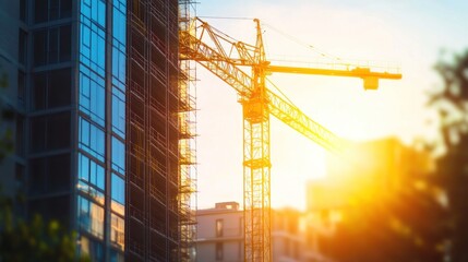 Construction crane at sunset, modern building under construction