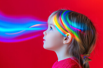 Fototapeta premium neurodiversity awareness, thoughtful child with symbolic brain pathways visualized as colorful light traces showing different thought patterns