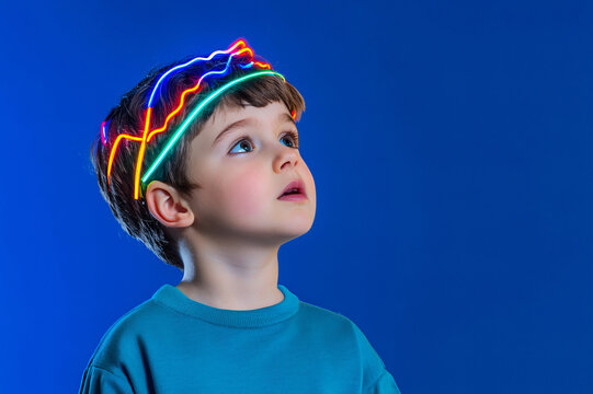 neurodiversity awareness, thoughtful child with symbolic brain pathways visualized as colorful light traces showing different thought patterns