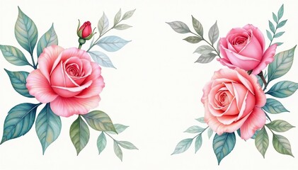 Delicate watercolor roses & leaves, soft hues, floral design, wallpaper