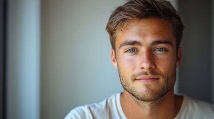 Obraz premium Young man portrait, indoors, neutral background, profile picture