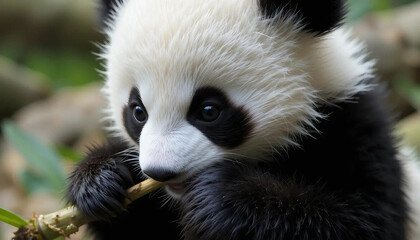 Obraz premium This close-up image showcases a captivating panda cub in the act of consuming bamboo.