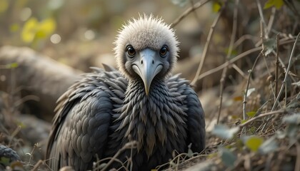 A captivating close-up of a young griffon vulture, showcasing its intricate plumage and focused gaze.