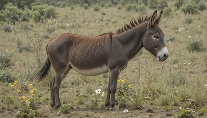 Fototapeta premium A brown donkey stands in a field of grass and wildflowers.