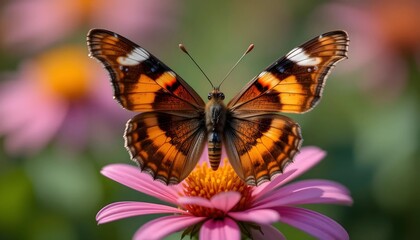 Fototapeta premium A stunning close-up of a butterfly with intricate orange and brown wings resting on a vibrant pink flower.