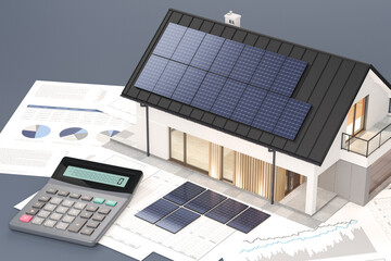 House with photovoltaic solar panel and calculator and documents - 3d illustration 