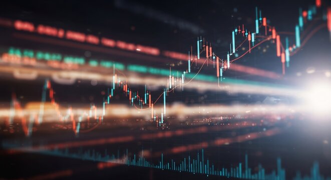 Stock market data visualization with candlestick chart and glowing lines. Financial trading graph for investment analysis. Digital technology in finance industry concept.