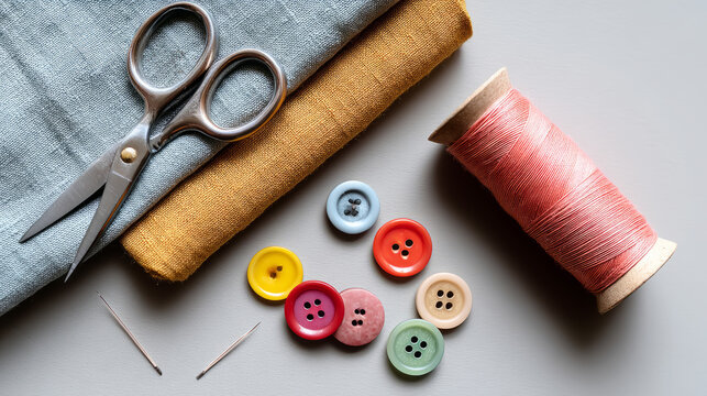 Sewing project flat lay with fabric, scissors, and colorful buttons for craft inspiration