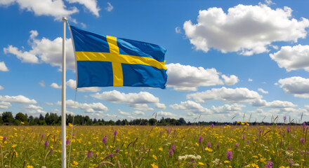 Swedish flag waving in colorful wildflower meadow under blue sky. National flag of Sweden in summer landscape. Patriotism, National Day June 6 celebration