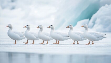 Obraz premium Quixotic photograph of white ducks walking in a line on a frozen lake