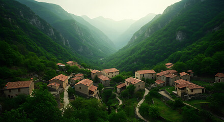 Scenic mountain village nestled in a lush green valley, tranquil landscape photo suitable for travel blogs and nature websites