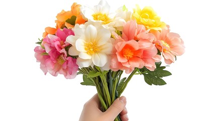 A hand holds a vibrant bouquet of artificial flowers.  Peach, pink, white, and yellow blooms create a cheerful, spring-like arrangement, perfect for decoration or gifting.