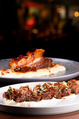 pancetta meat dishes under parmesan cream with bbq sauce cut into strips and slice